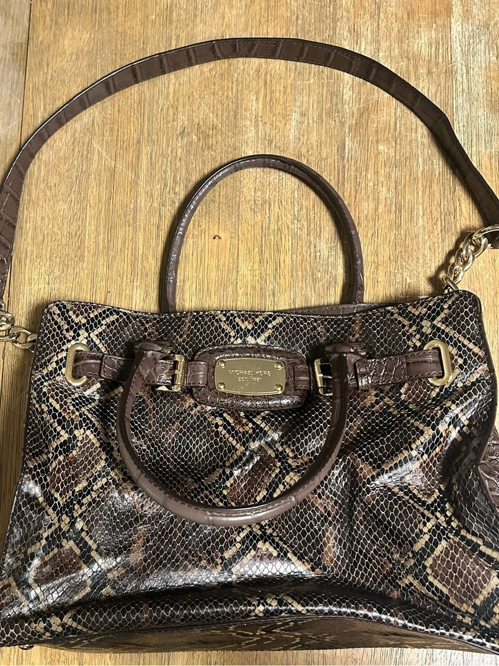 Michael Kors Brown Snake-Embossed Satchel with Gold Hardware